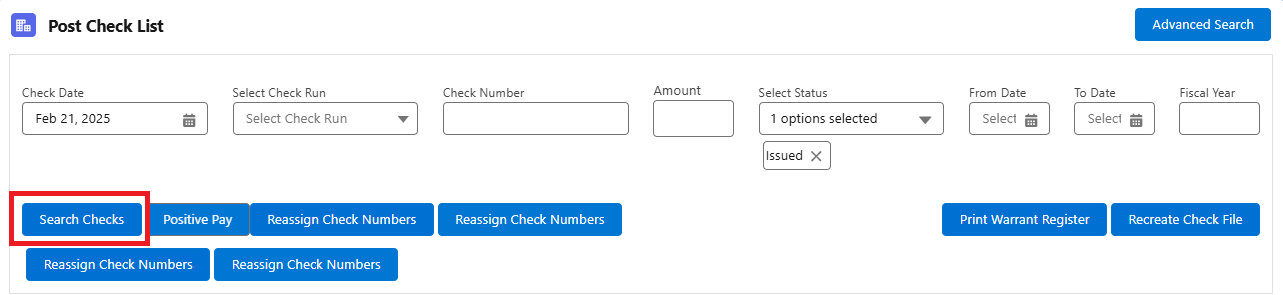 Post Check List filters with Check Date, Select Status and Search Checks